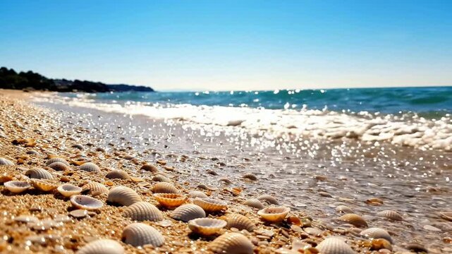 Tropical beach shoreline with seashells and gentle ocean waves rolling on sandy coastline