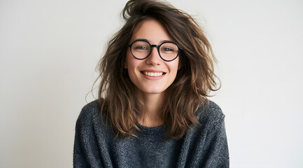 Fototapeta premium A picture of a young woman with wavy brown hair, wearing round black glasses and a gray sweater, standing against a simple light background under natural, soft lighting; it's a headshot