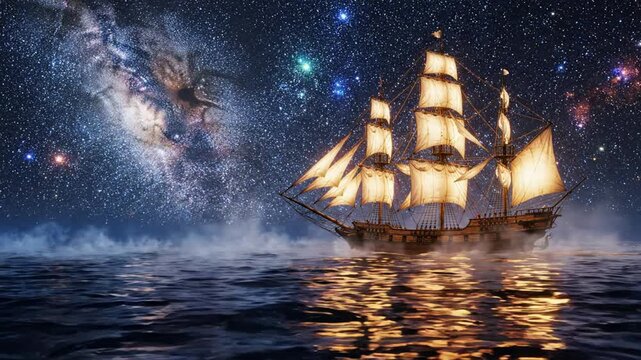 Antique galleon sailing on mystical ocean under glowing milky way galaxy night sky ship