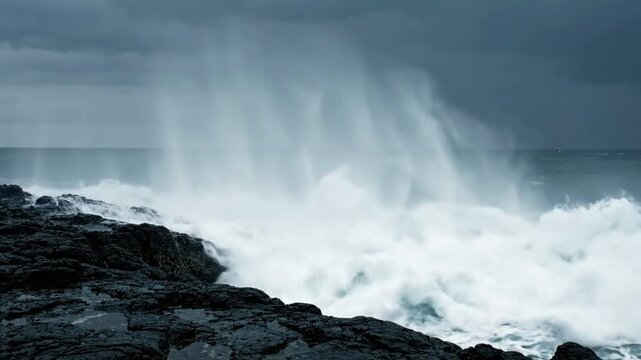 Powerful ocean waves crashing against dark volcanic rocks during stormy weather