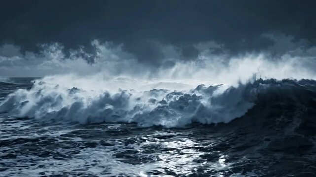 Stormy ocean waves crashing under dark moody clouds, powerful sea swell and turbulent water surface, cinematic marine background