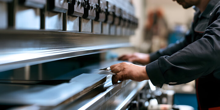 Metal sheet bending machinery, along with a factory worker demonstrating precise metal fabrication, press brake operation, and sheet metal forming, symbolize industrial manufacturing and heavy technol