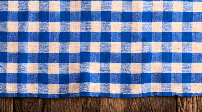 A rustic wooden table, bordered by a blue and white checkered gingham tablecloth, serves as the background for food and menu design