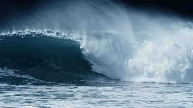 Powerful ocean wave crashing at sunset, dramatic sea spray and rolling blue water surface