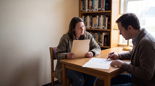 Independent Contractor Discussing Benefits with Counselor in Library