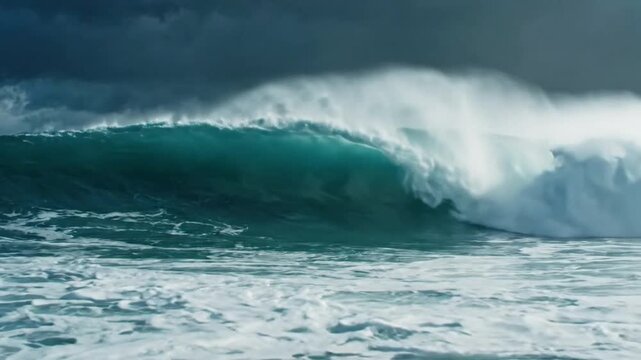 Powerful ocean wave crashing under stormy skies: dramatic seascape and nature background, water