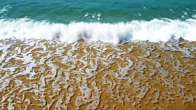 Tropical ocean waves crashing on golden sand beach, slow motion sea foam texture, relaxing coastal summer background