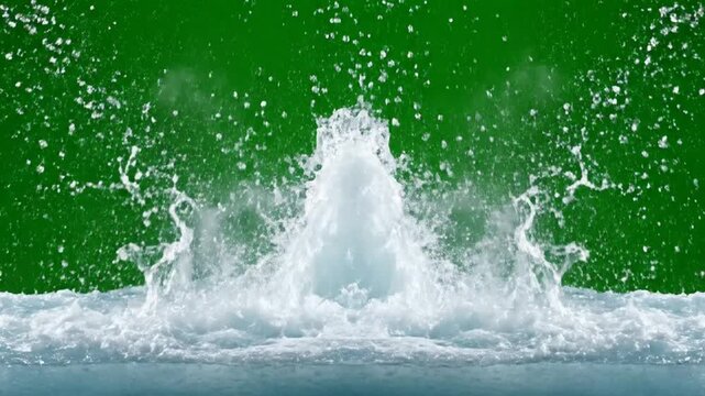 Dynamic water splash explosion isolated on green screen for easy compositing liquid