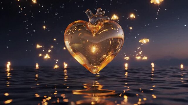 Glowing glass heart floating above dark water with magical fireflies, romantic fantasy background, 3D animation