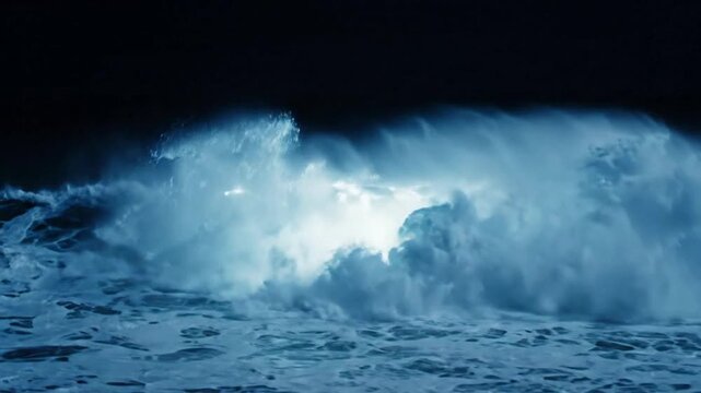 Bioluminescent ocean wave crashing at night, glowing blue sea foam and powerful surf motion bioluminescence