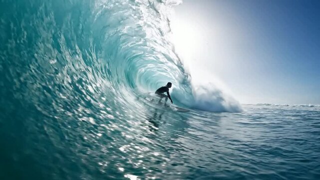 Surfer riding inside a massive blue ocean barrel wave at sunset surfing