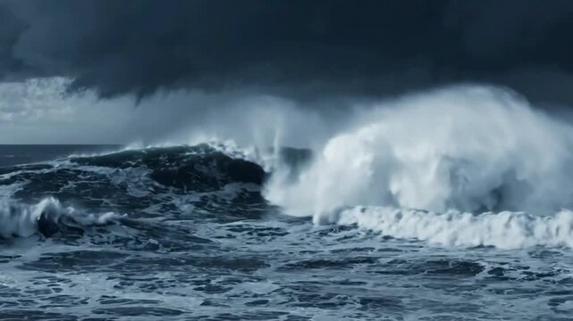 Powerful stormy ocean wave crashing under dark dramatic clouds, cinematic sea tempest and rough water surface