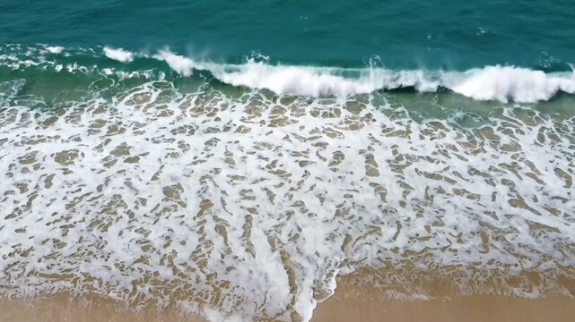 Aerial view of turquoise ocean waves crashing on sandy beach shoreline