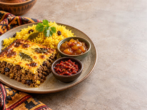 Traditional south african bobotie served with golden custard topping yellow rice chutney and spicy sambal on a rustic plate with warm textures and colorful cape malay food styling and home comfort