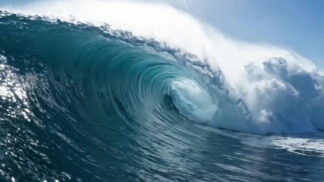 Massive crashing ocean wave barrel, powerful tropical sea swell, extreme surfing background, blue water surface motion