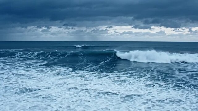 Moody ocean waves crashing under stormy dark clouds: cinematic seascape background, for dramatic projects