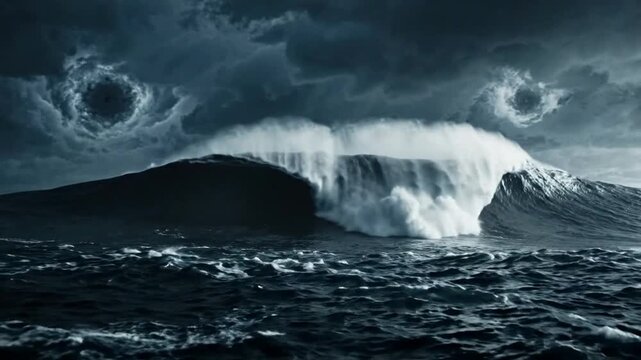 Massive storm wave crashing under surreal dark clouds with swirling vortexes dramatic cinematic ocean scene