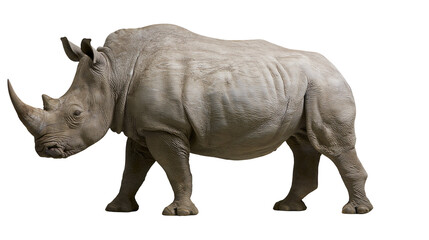 Isolated rhinoceros standing gracefully, powerful wild African mammal with prominent horns and thick skin. © Niamh