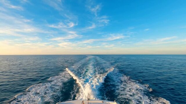 Scenic boat wake on calm blue ocean at sunset, tropical sea travel background