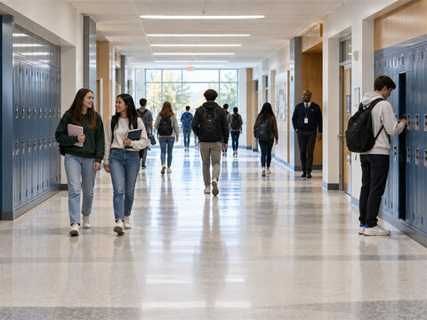 Students walking through a bright school hallway with recessed lockers open sightlines and orderly circulation showing a clean supervised learning environment between classes during busy school hours