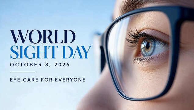 World Sight Day poster: close-up of a human eye in glasses, eye care concept.