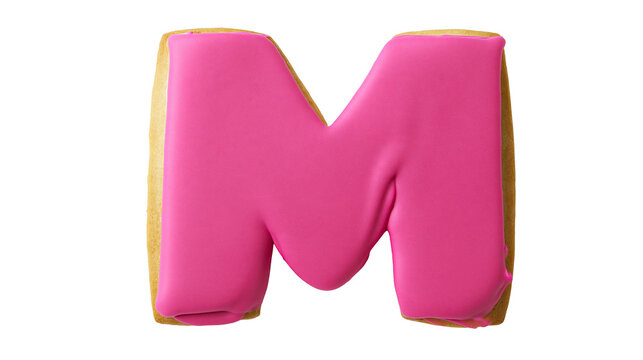 Isolated delicious letter M cookie with bright pink icing, sweet baked alphabet treat