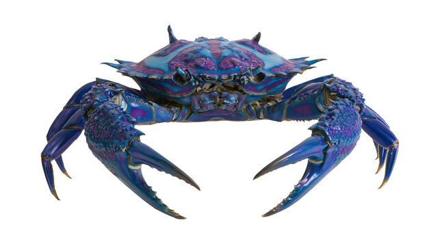 Isolated vibrant blue and purple crab with textured shell and sharp claws on a clean background