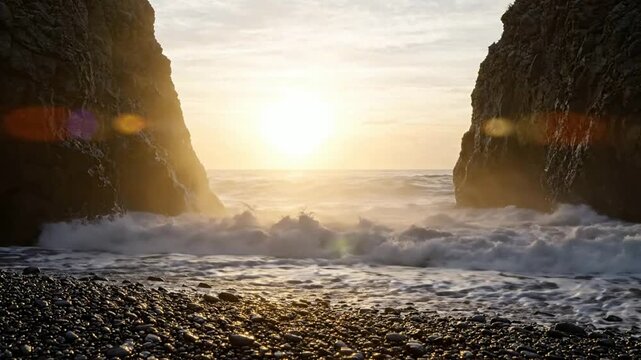 Powerful ocean waves crashing against coastal cliffs at golden sunset golden hour