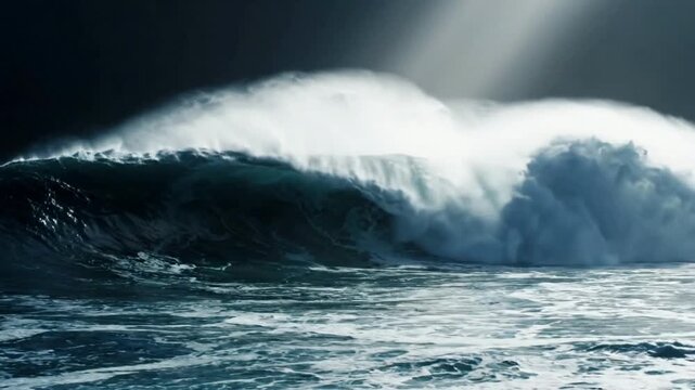 Powerful ocean wave crashing at night with dramatic cinematic lighting and sea spray water