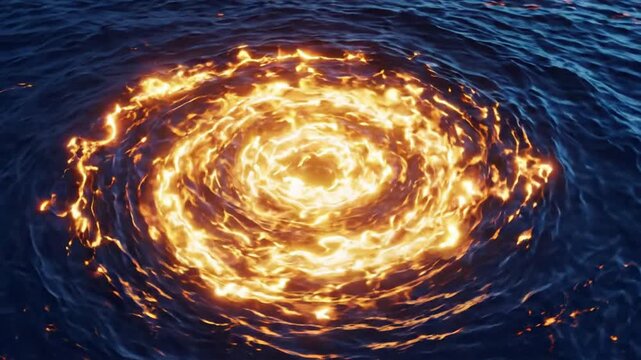 Glowing fire whirlpool in dark ocean water, abstract liquid energy swirl, surreal magical vortex motion background