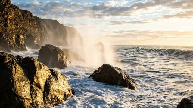 Dramatic ocean waves crashing against rugged coastal cliffs at golden hour sunset