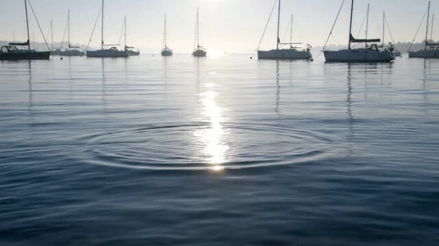 Serene morning harbor with ripples in calm water and silhouetted sailboats at sunrise marina