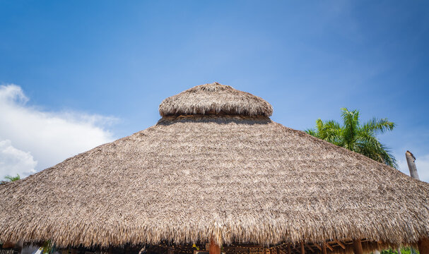 A large tropical thatched roof made of dry palm leaves against a clear blue sky. Eco-friendly natural architecture for sun protection.