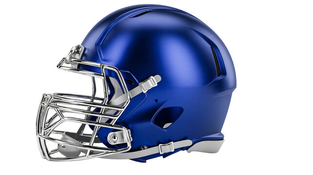 Isolated blue metallic American football helmet with chrome face mask, protective sports gear