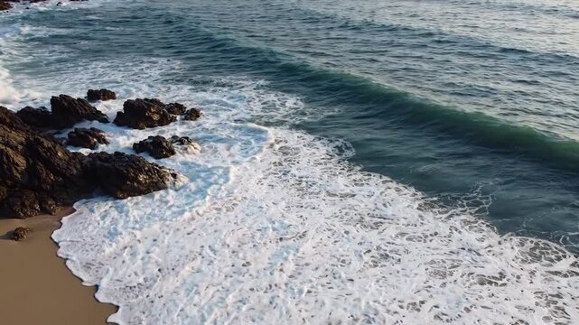 Aerial view of crashing ocean waves on rocky beach shoreline at sunset coastline