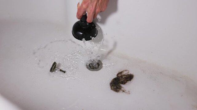 Hands operate a small black plunger inside a white bathtub to clear standing water. A clump of wet hair and an unscrewed metal stopper lie beside the drain during household repair.