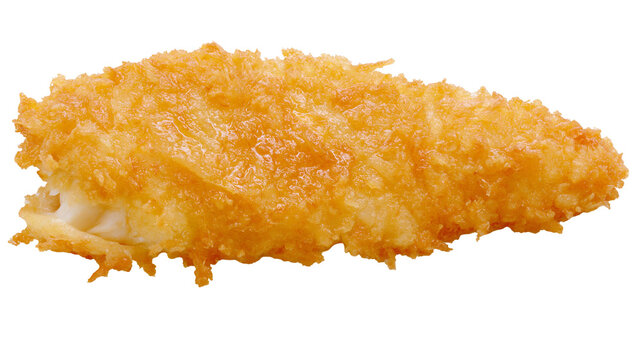Isolated crispy golden brown breaded fish fillet, a delicious and savory meal component.