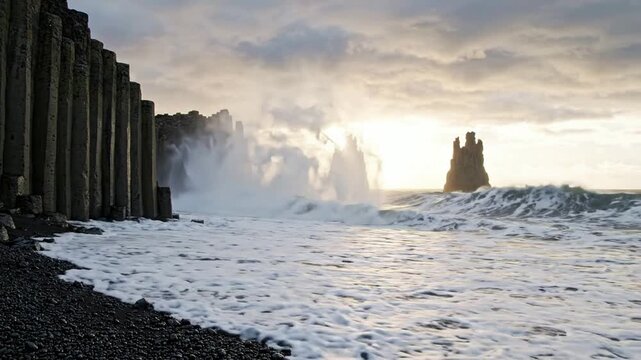 Powerful ocean waves crashing against basalt sea stacks on icelandic black sand beach at sunset basalt columns