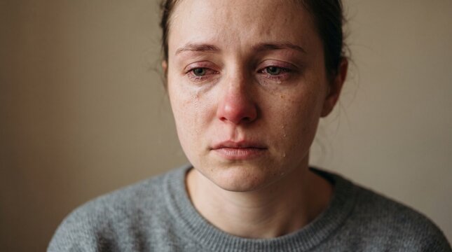 Close up portrait of a sad woman crying with tears in her eyes expressing grief and deep sorrow
