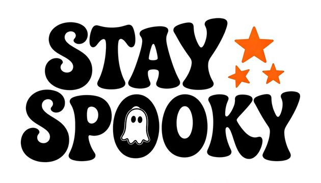 Stay spooky halloween typography design featuring a cute ghost and orange stars