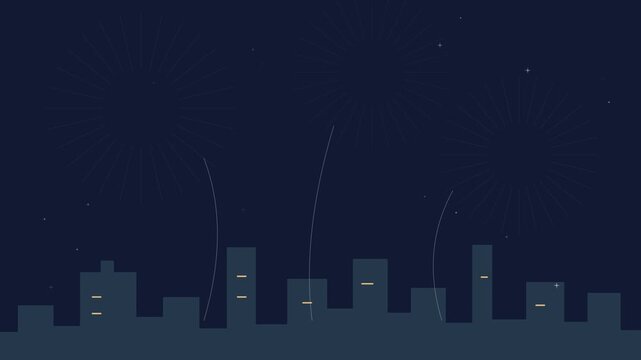 Feux d&rsquo;artifice du Nouvel An au-dessus d&rsquo;une silhouette urbaine