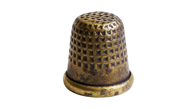 Isolated vintage brass thimble, an old sewing tool with a textured dimpled surface.