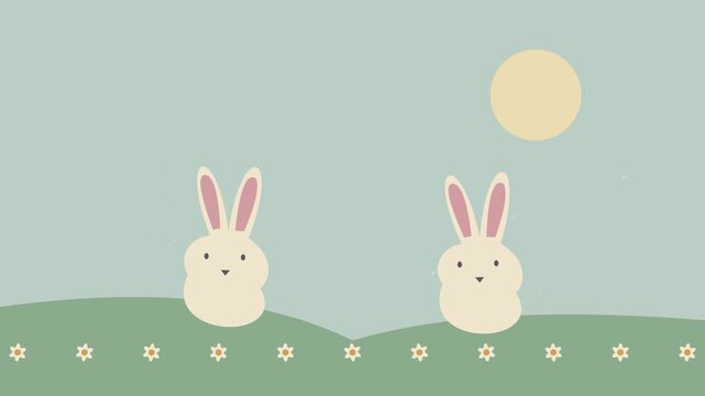 Lapins de P&acirc;ques dans une prairie printani&egrave;re anim&eacute;e