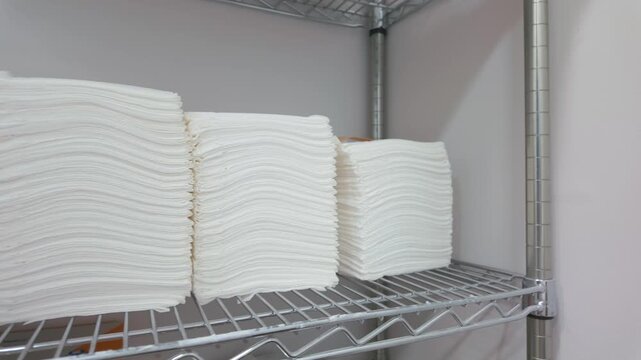 Stacks of White Medical Examination Table Paper Sheets on Wire Rack