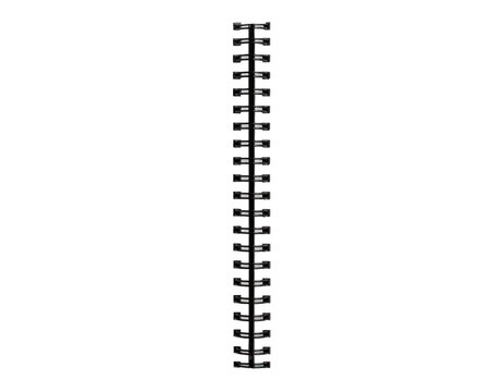 Vertical view of a black plastic spiral binding spine used for organizing document pages in a professional office work setting