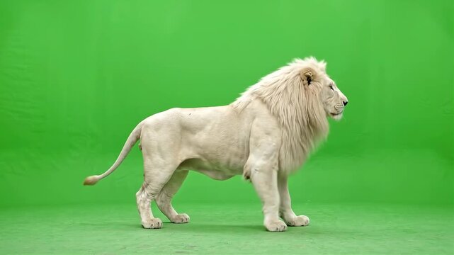 Majestic white lion walking with cinematic motion on a vibrant green screen background