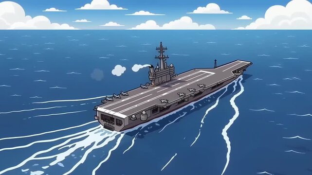 A cartoon style illustration of a large military aircraft carrier sailing across the blue ocean.