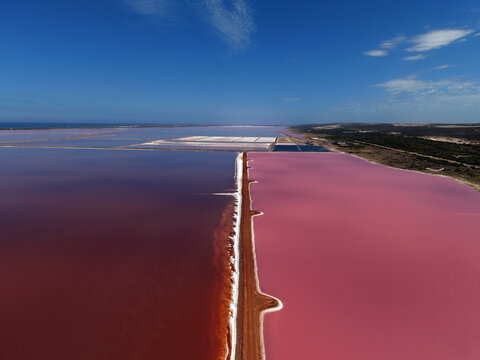 Aerial view of Hutt Lagoon Pink Lake with vibrant pink and deep red salt water separated by a dirt road under a clear blue sky in Yallabatharra, Western Australia, Australia.