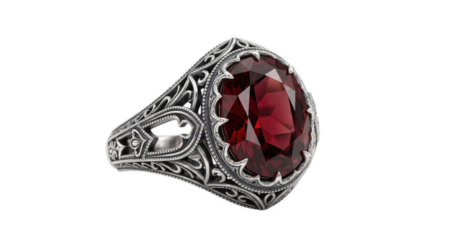 Vintage silver ring with oval red garnet gemstone, gothic filigree jewelry design, antique sterling silver cocktail ring for luxury fashion