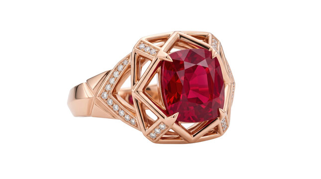 Luxury ruby ring in rose gold, elegant diamond cocktail ring with geometric setting, premium gemstone jewelry for engagement or anniversary gift
